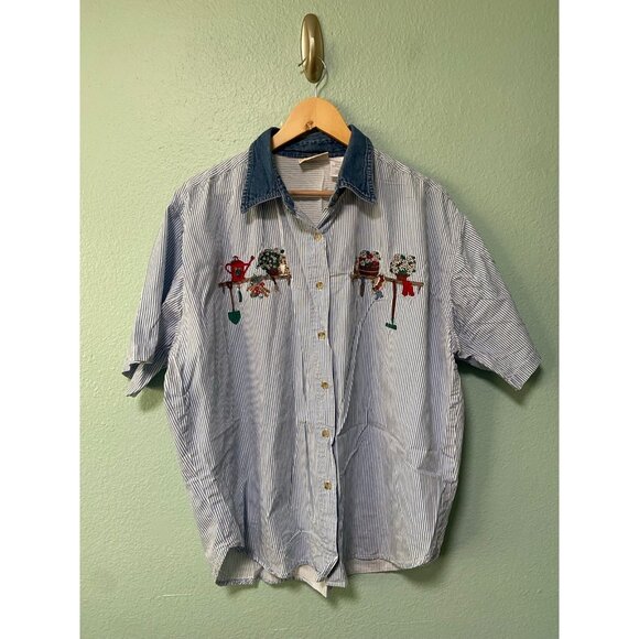 Vintage Faded Glory Women's Plus Size Denim Blue Cat Gardening Shirt Size 20 - Picture 1 of 9
